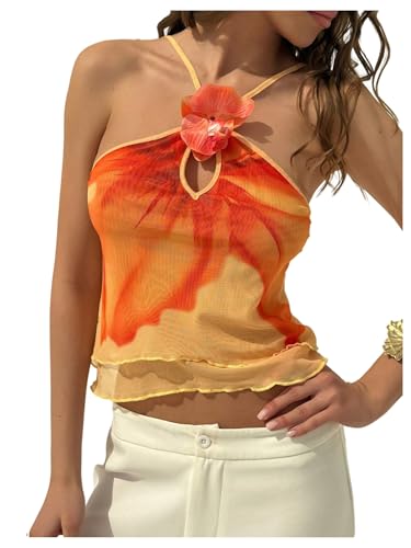 SOLY HUX Women's 3D Floral Cami Top Spaghetti Strap Layered Mesh